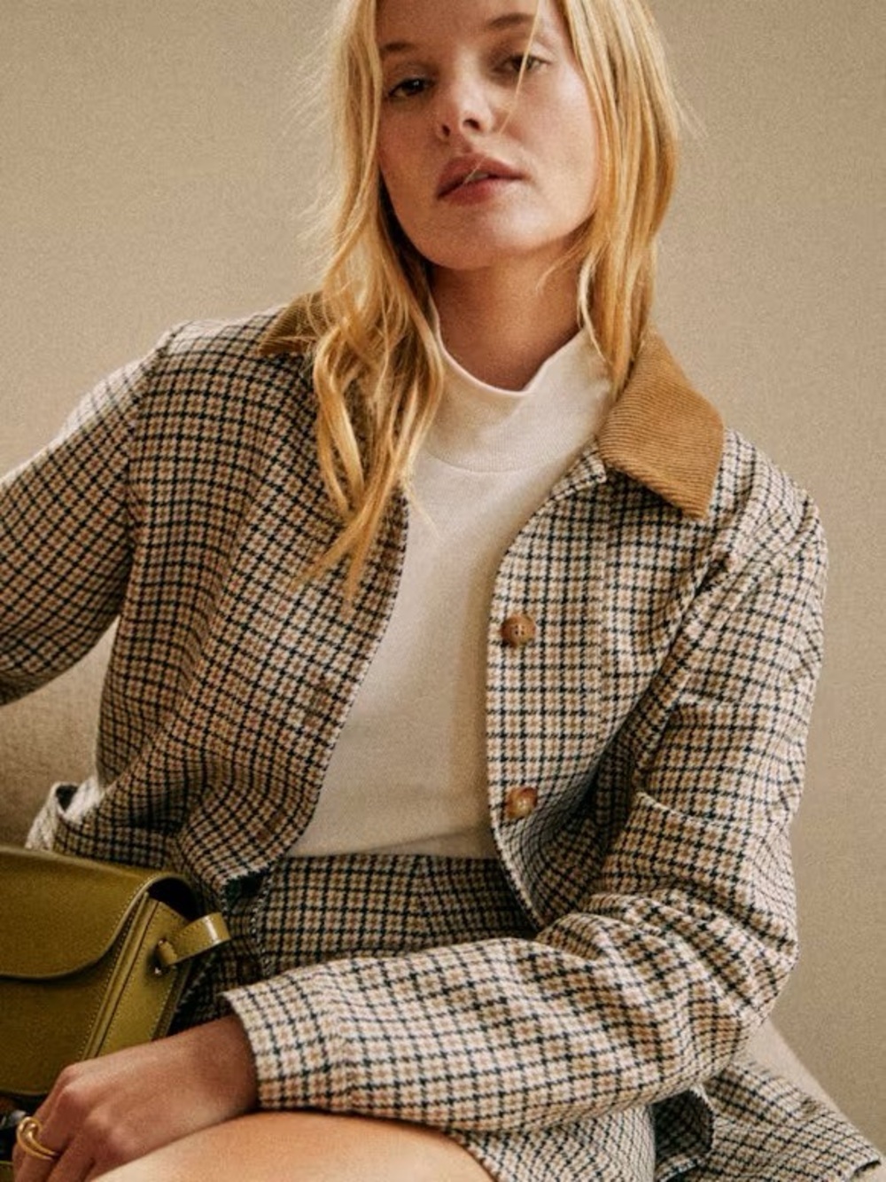 EUC Sezane Beige Checked Tweed Jacket with Tan Corduroy Collar